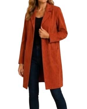 Philosophy Duster Womens Size L Rust Faux Leather Coatigan Pockets Collar NWT